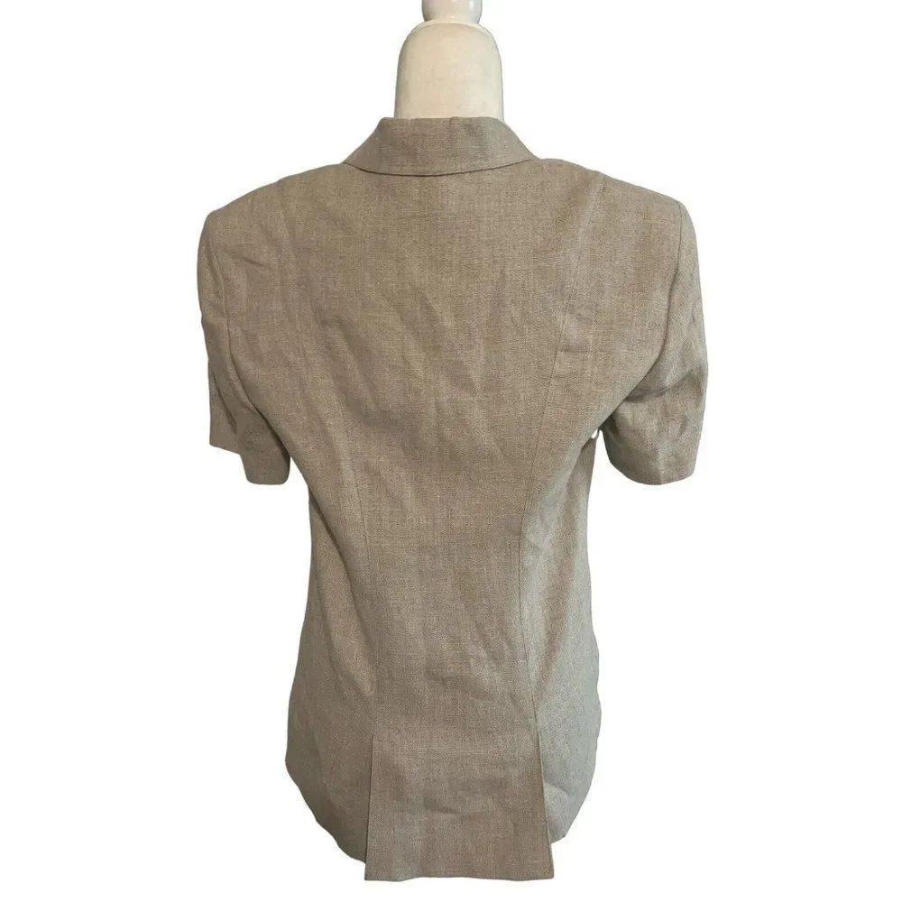 donna karan womens beige browm 100% linen short sleeve blazer jacket 6 small